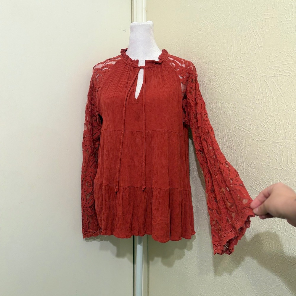 Altar'd State Rust Orange Lace Flare Sleeve Boho Tiered Blouse Tunic L 70s